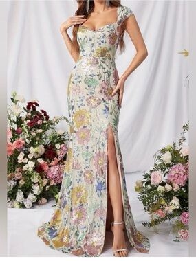 Elegant Floral Sequin Column Dress in Ivory with Pastel Florals